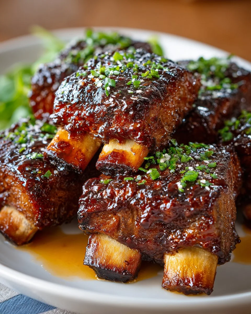 Delicious sticky BBQ beef ribs glazed with barbecue sauce on a grill.