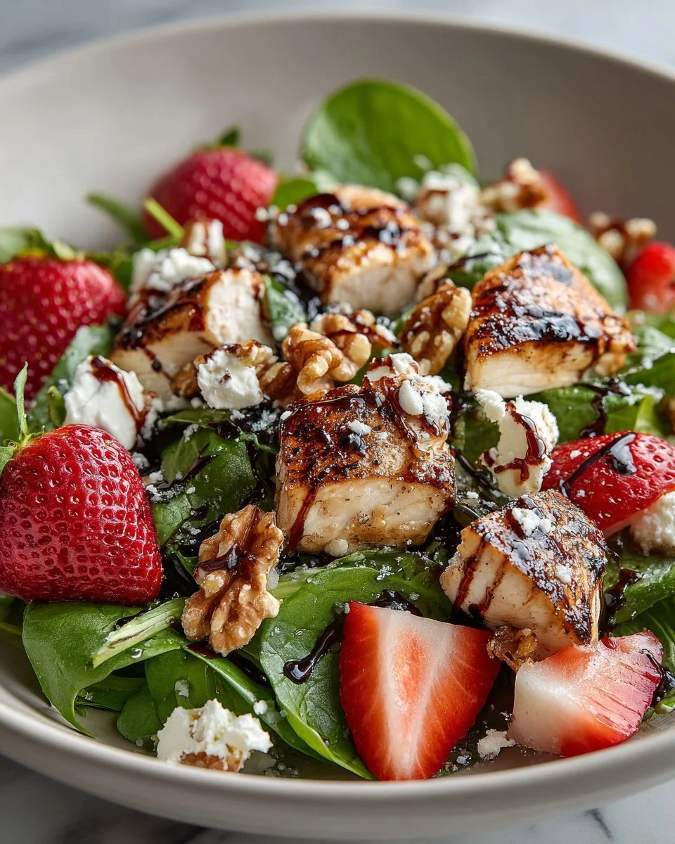 Strawberry Balsamic Chicken Salad with fresh ingredients and vibrant colors