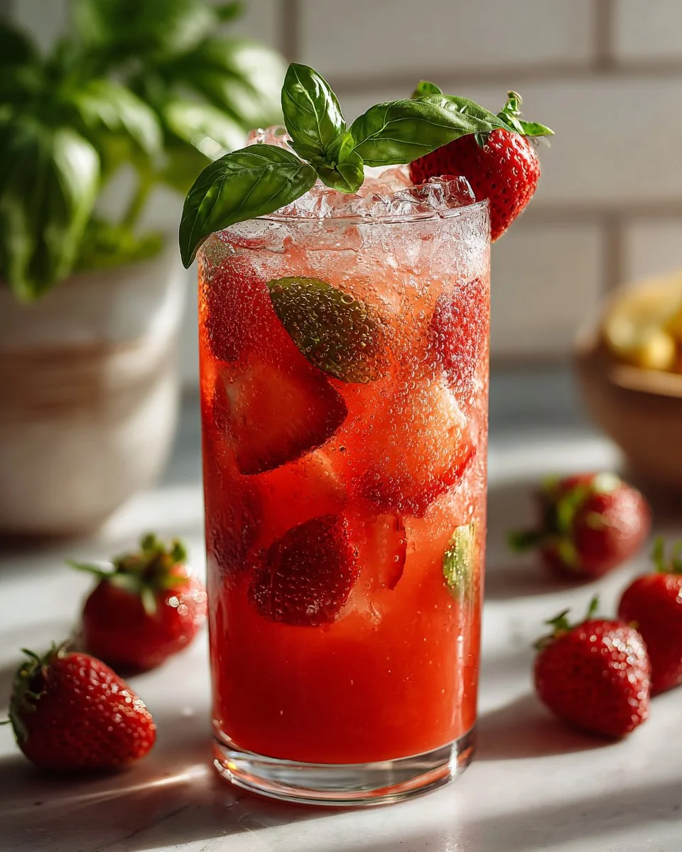 A refreshing glass of Strawberry Basil Lemonade Cooler with strawberries and basil.