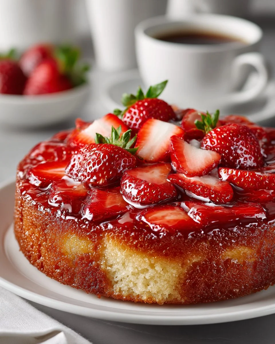 Delicious Strawberry Rhubarb Upside Down Cake topped with fresh strawberries.