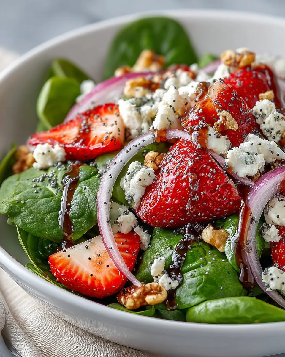 Strawberry Spinach Salad with Poppyseed Dressing served in a bowl
