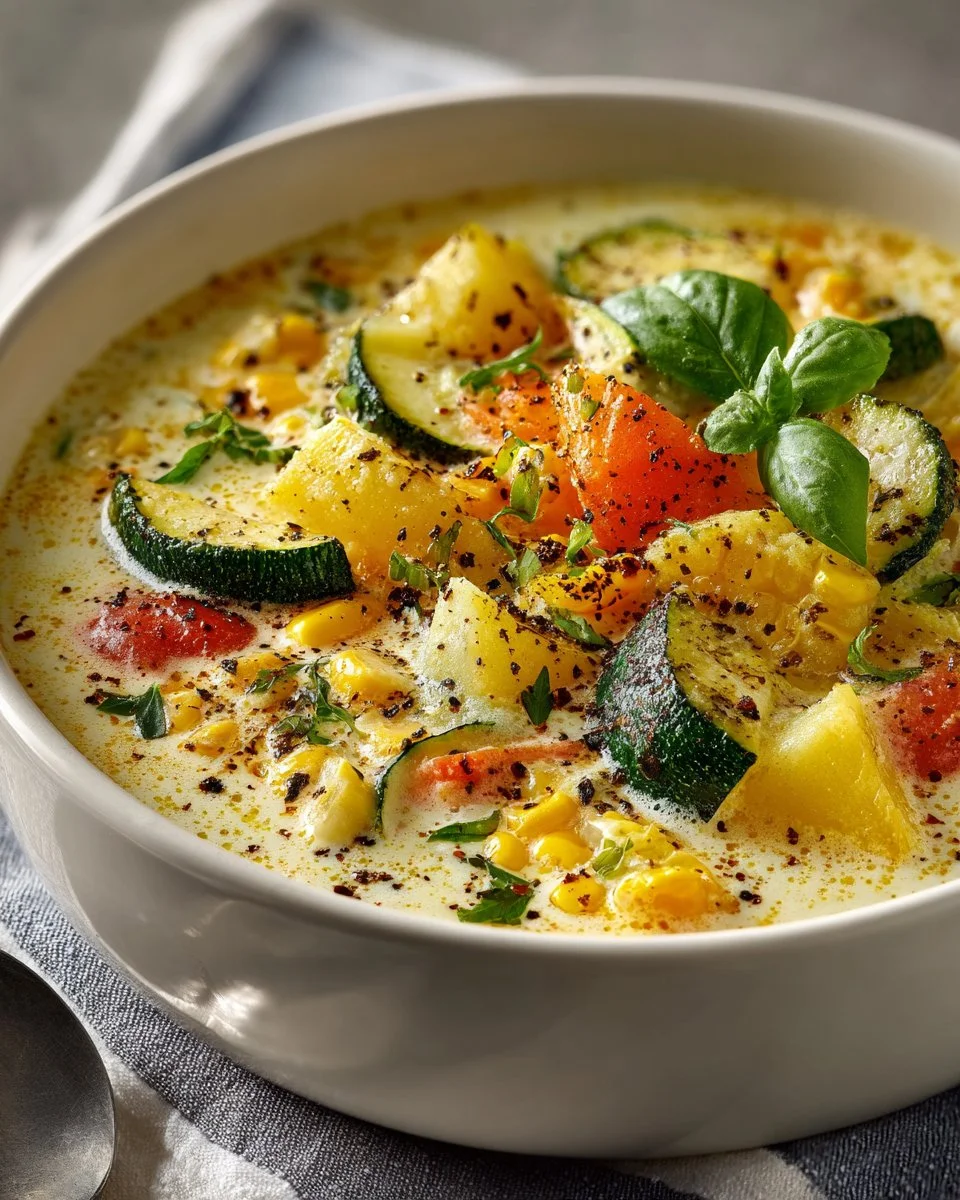 Bowl of summer squash and corn chowder garnished with fresh herbs