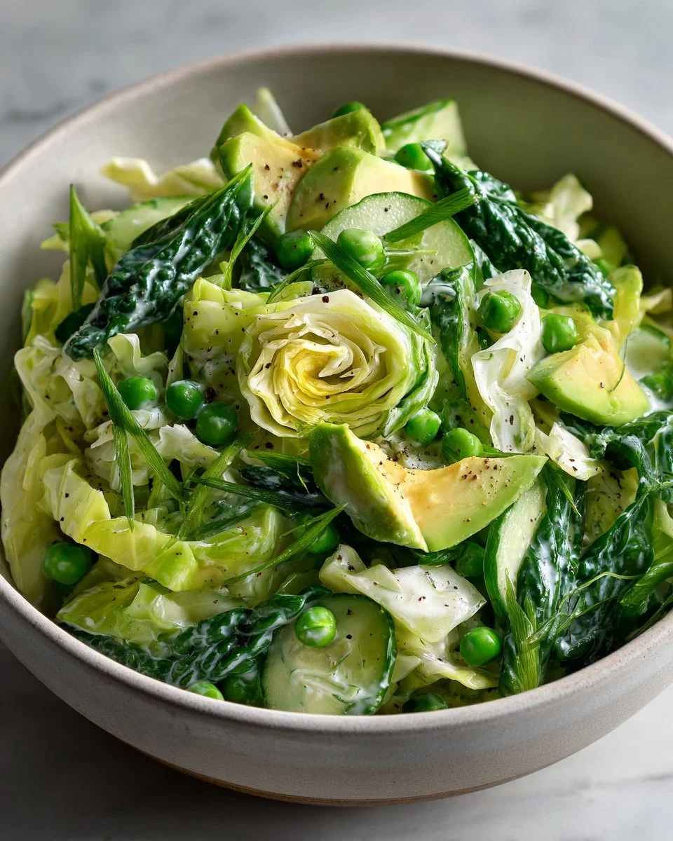 A vibrant bowl of Green Goddess Cabbage Salad topped with fresh herbs and vegetables.