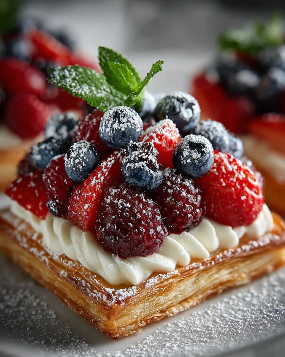 Viral upside down puff pastry tarts topped with fresh fruits and glaze