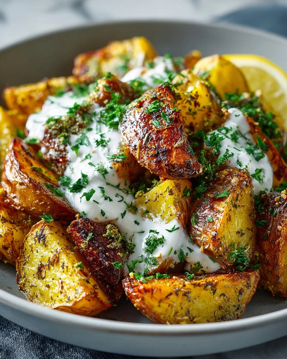 Zaatar roasted potatoes with lemon yogurt sauce on a plate
