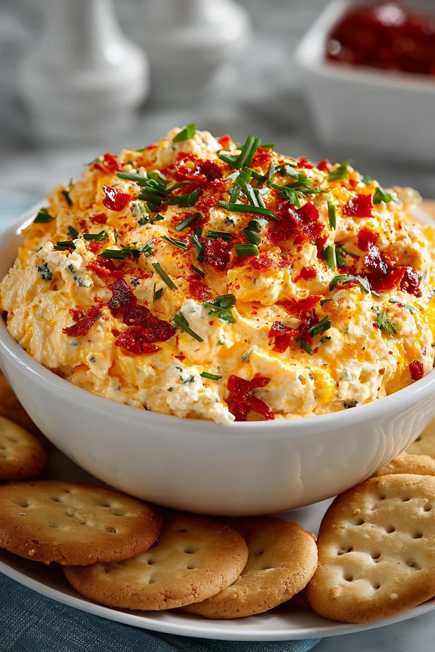 Bowl of authentic Southern Pimento Cheese Dip with crackers and vegetables