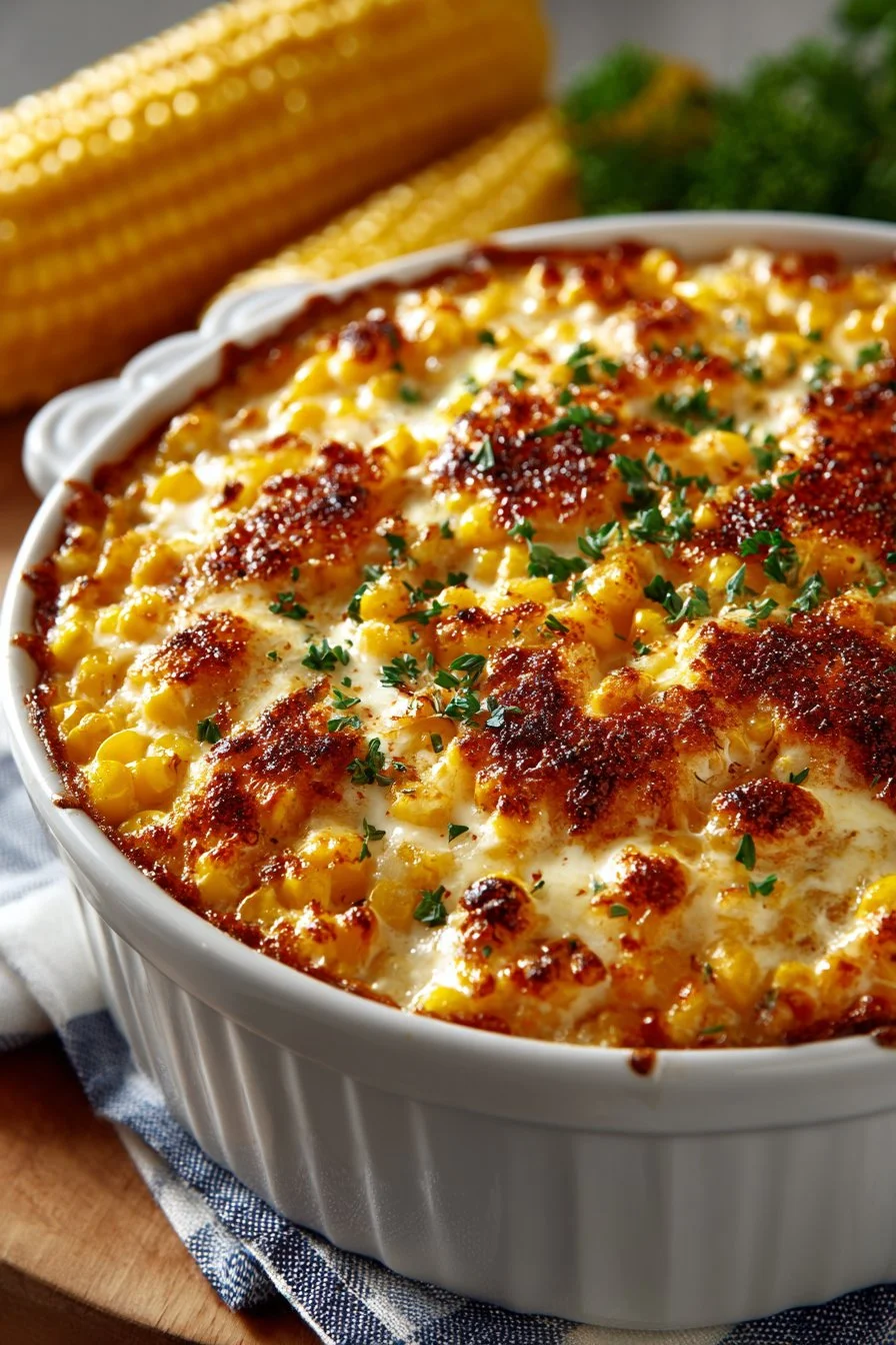 Delicious serving of classic homestyle scalloped corn on a white plate.