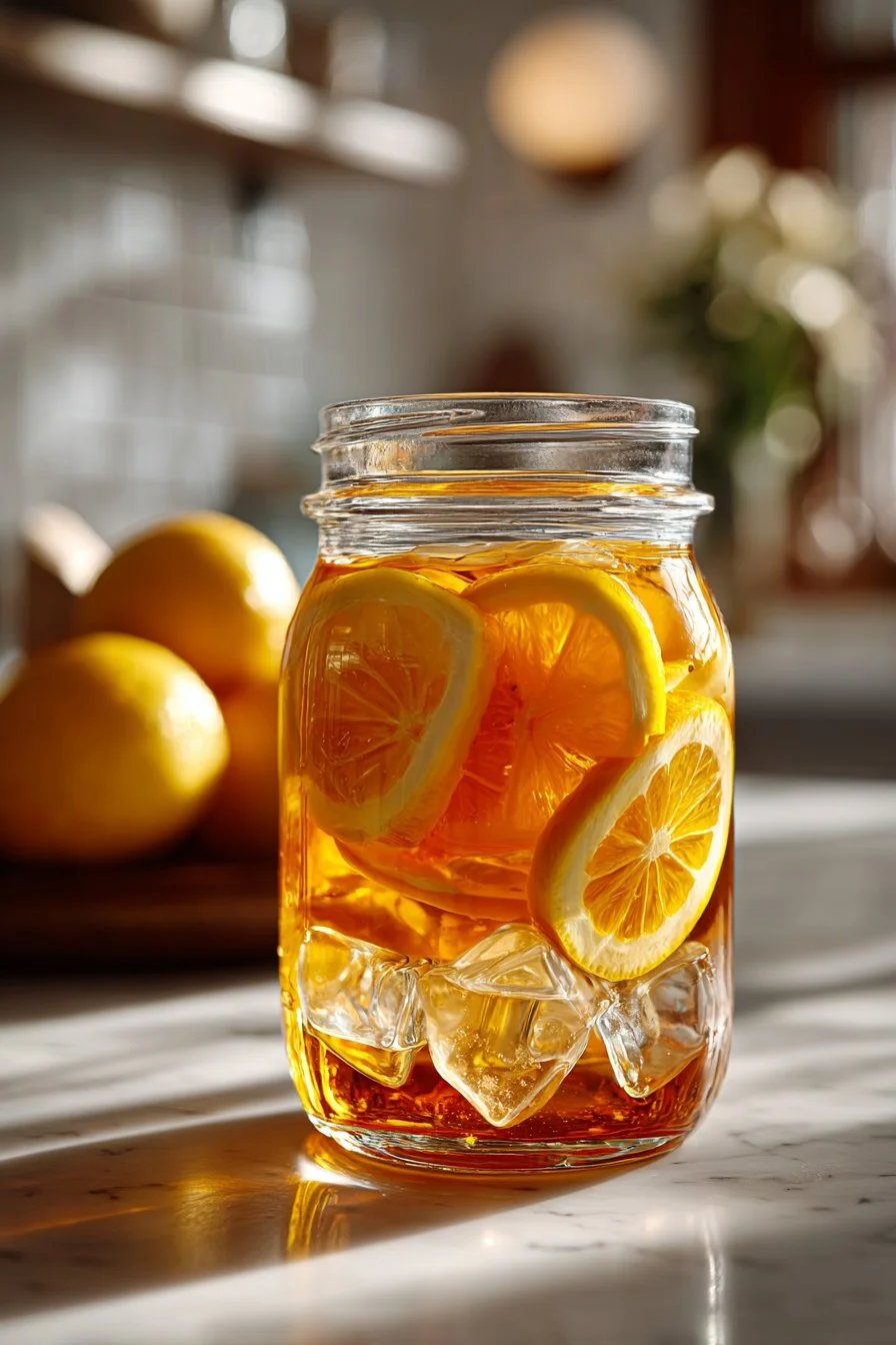A jar of classic Southern sun tea brewing in the sun with fresh tea leaves and herbs.