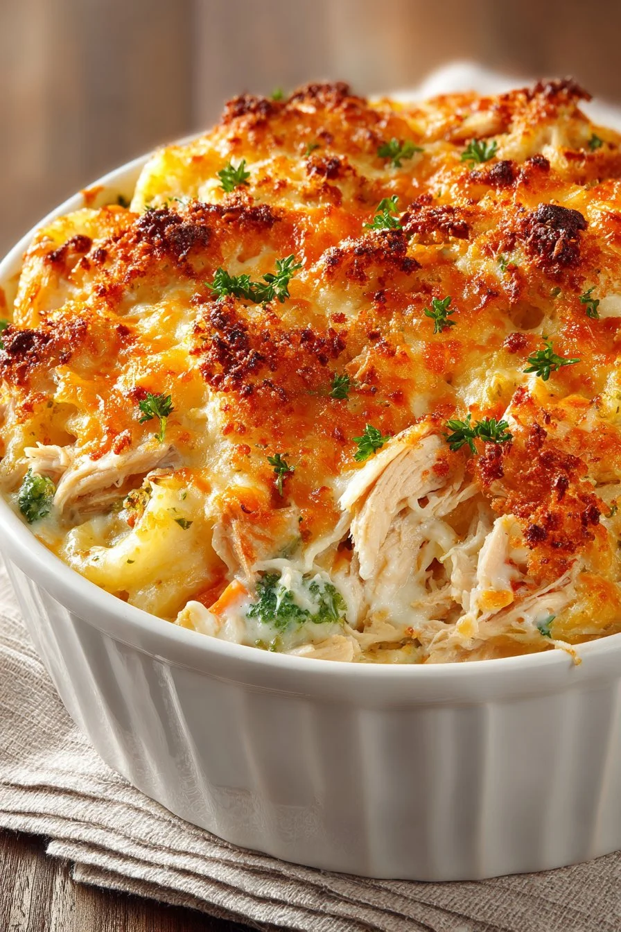 Delicious rotisserie chicken casserole topped with cheese and veggies.