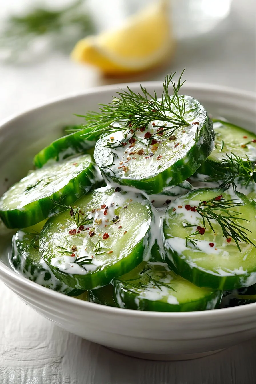 Creamy dill cucumber salad with fresh herbs and cucumbers