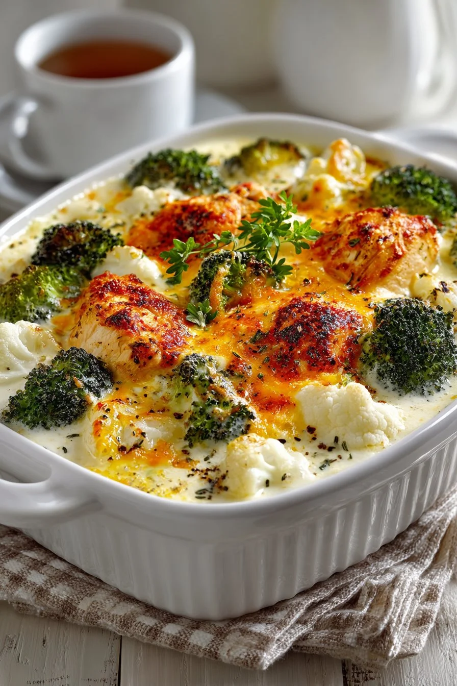 Creamy low carb chicken casserole topped with cheese and herbs