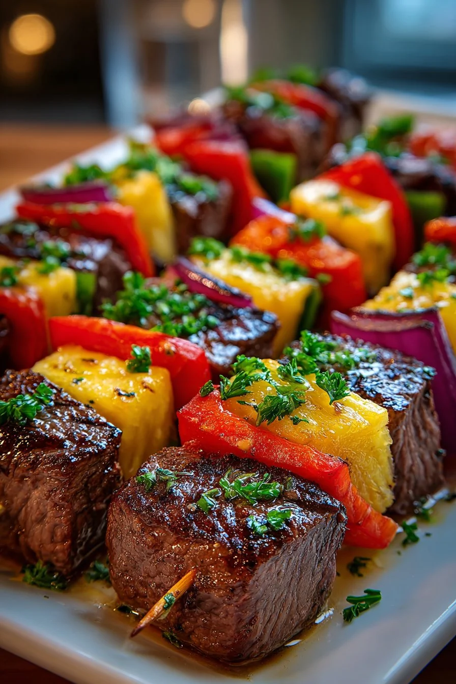 Delicious easy grilled steak kabobs with pineapple on a barbecue grill