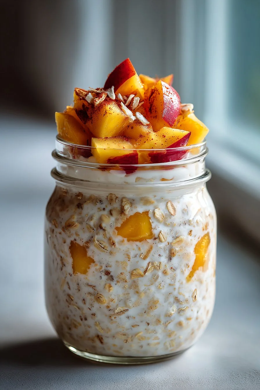 Bowl of easy healthy peach overnight oats topped with fresh peaches and nuts