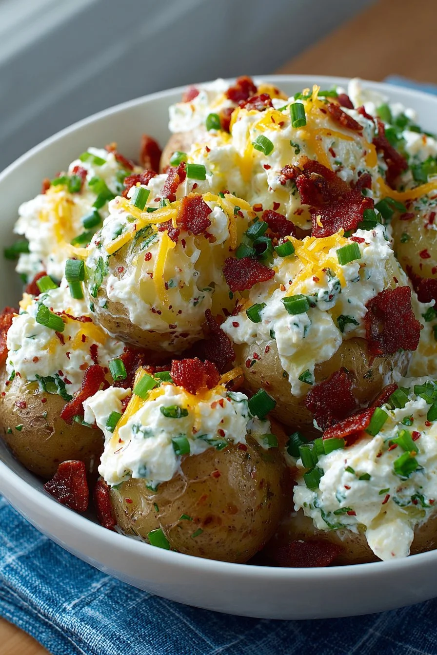 Bowl of easy loaded baked potato salad garnished with bacon and chives.
