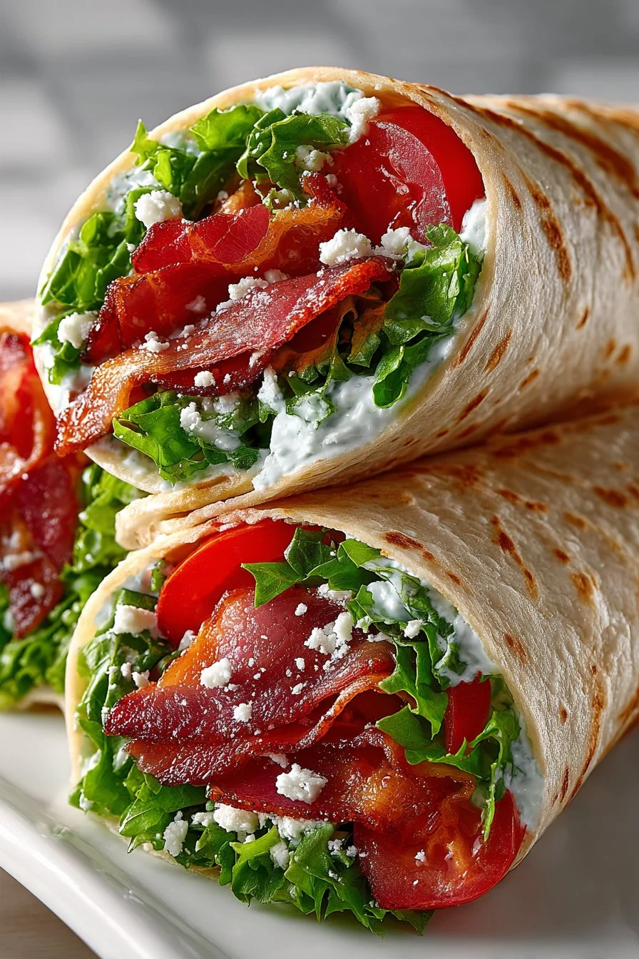 Easy meal prep BLT wraps with bacon, lettuce, and tomato in a tortilla.