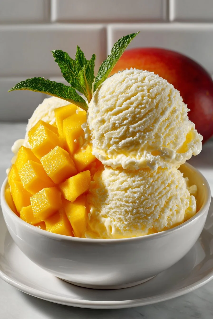 Easy no churn tropical mango ice cream served in a bowl with fresh mango slices