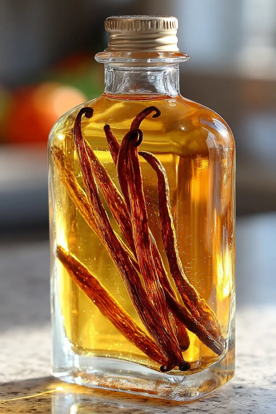 Bottle of homemade vanilla extract made with natural ingredients.