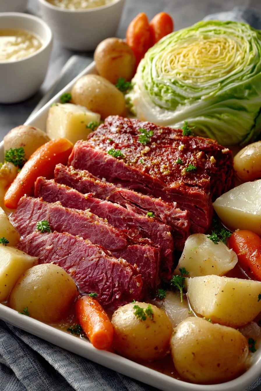Delicious plate of easy slow cooker corned beef and cabbage for a hearty meal