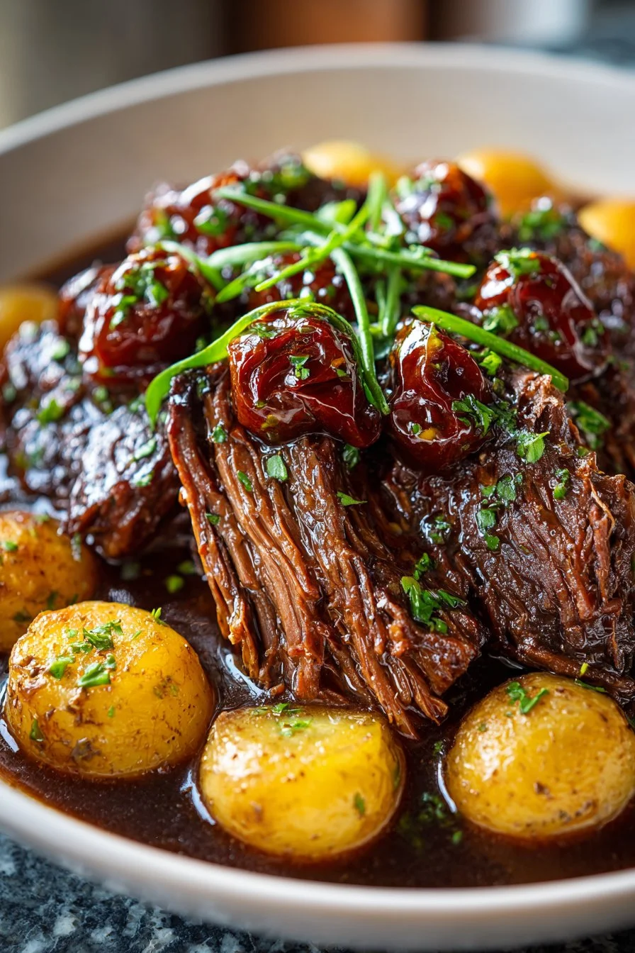 A delicious slow cooker Mississippi Pot Roast served with vegetables.