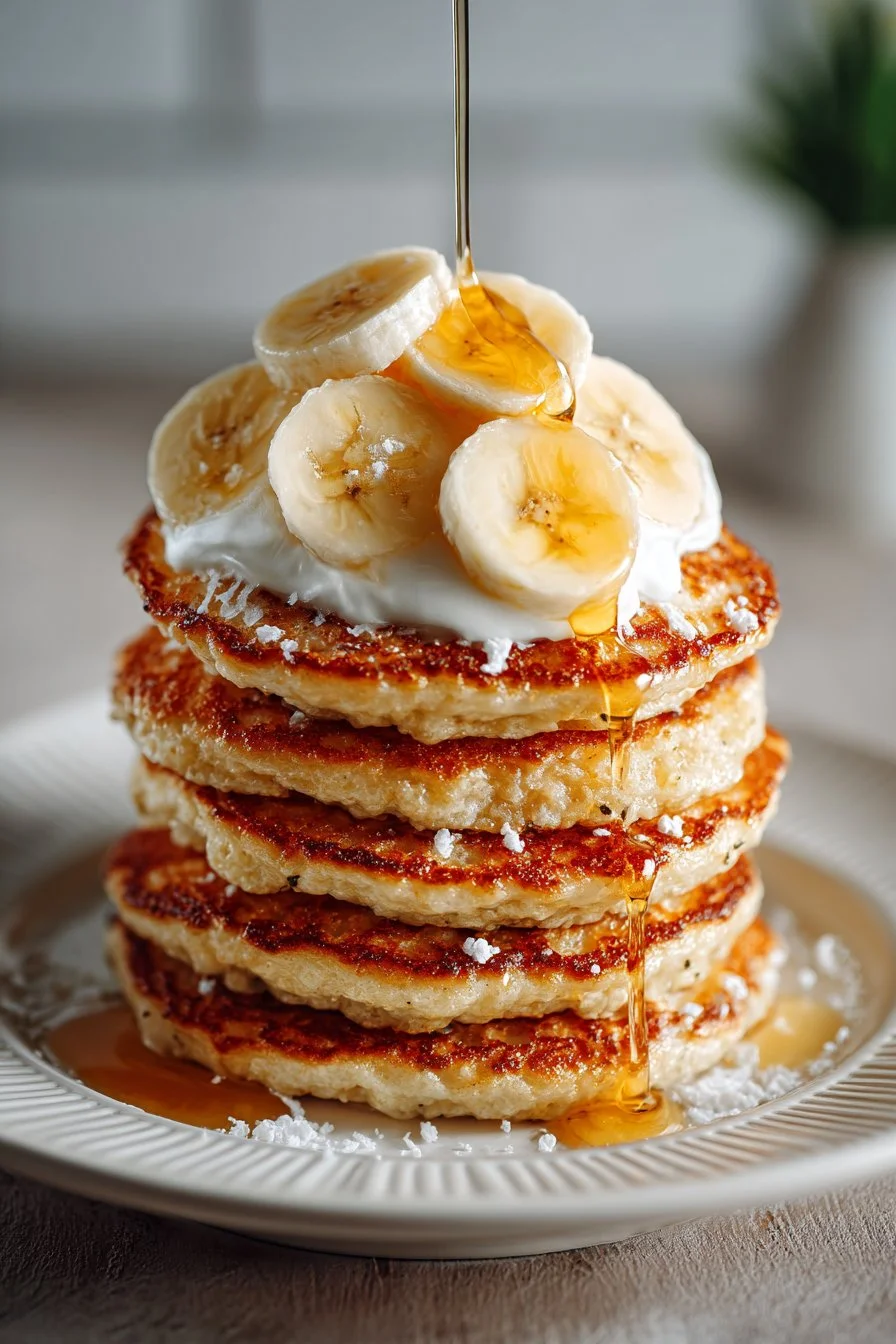 Fluffy healthy oatmeal banana pancakes topped with fresh fruit and syrup