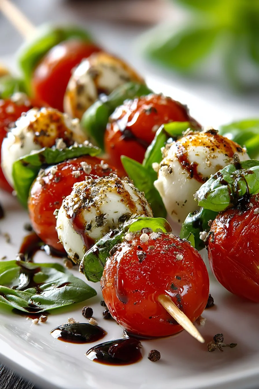 Delicious Fresh Summer Caprese Salad Skewers with tomatoes and mozzarella