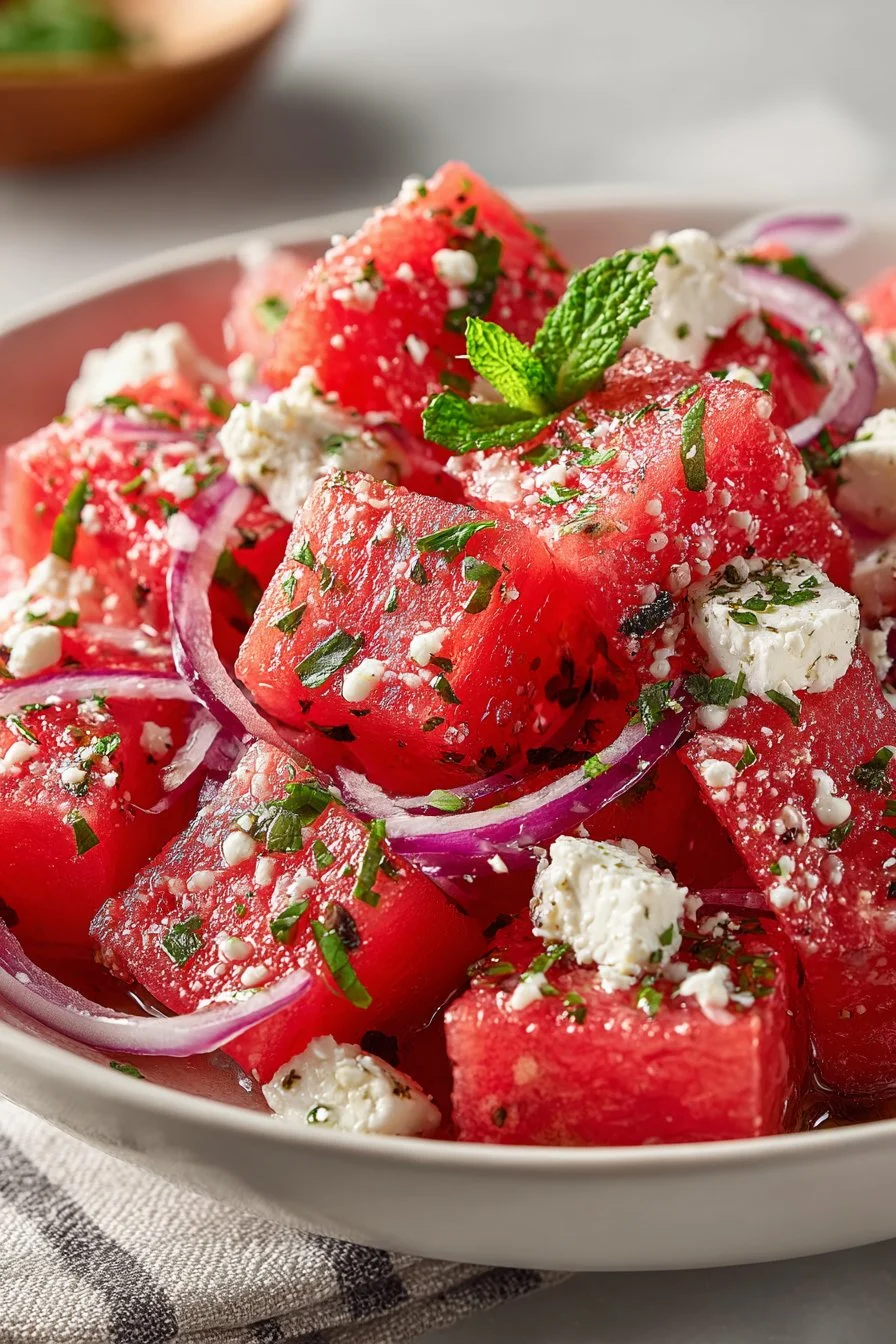 Delicious Fresh Summer Watermelon Feta Salad with mint and lime.