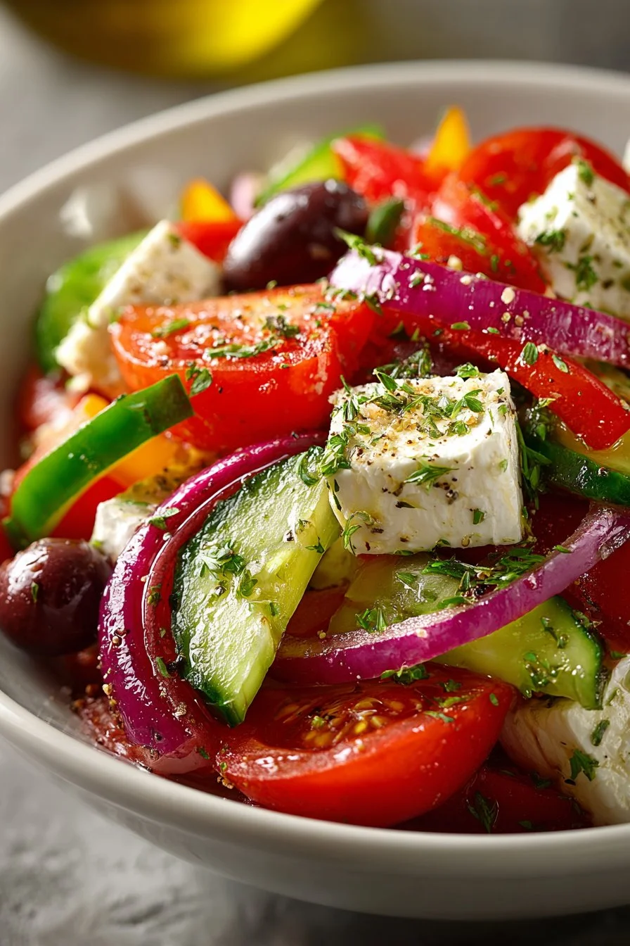 Colorful Greek Salad with tomatoes, cucumbers, olives, and feta cheese served in a bowl.