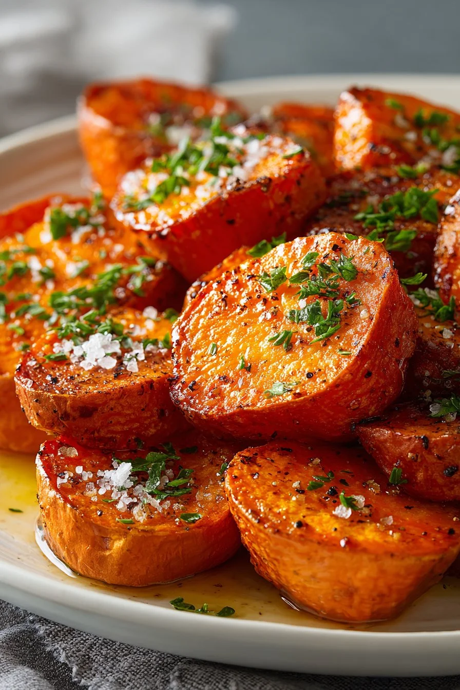 Healthy roasted Japanese sweet potato served with herbs and spices