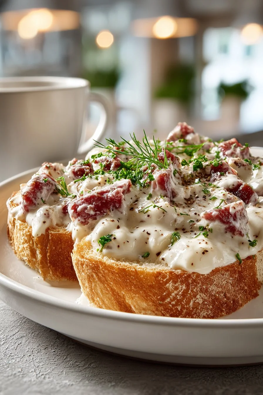 Homestyle creamed chipped beef served on toasted bread