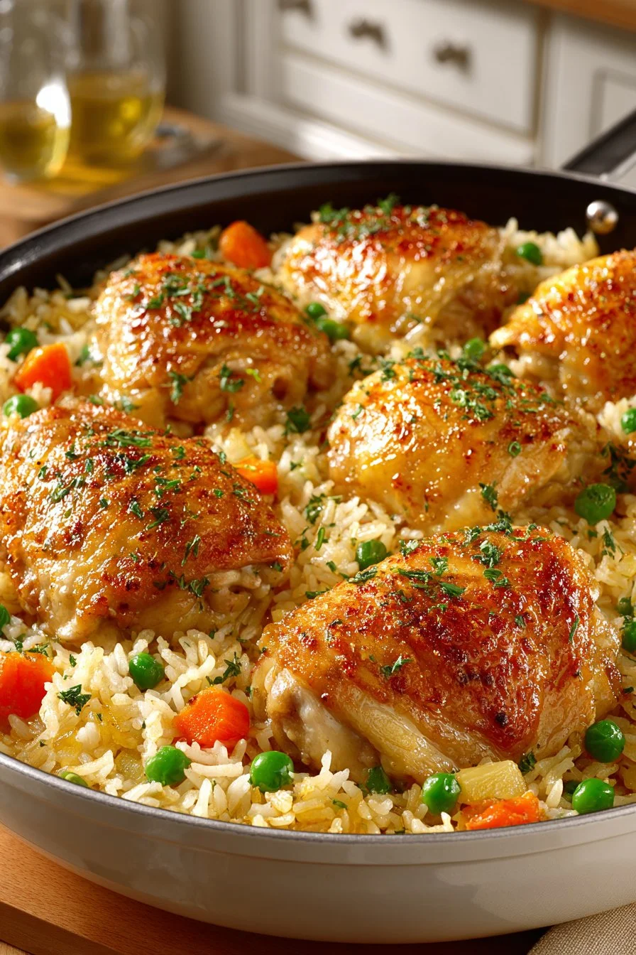 Old Fashioned Chicken and Rice Bake dish served on a plate with herbs