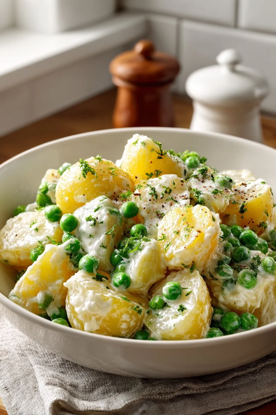 Bowl of old fashioned creamed peas and potatoes served as a side dish