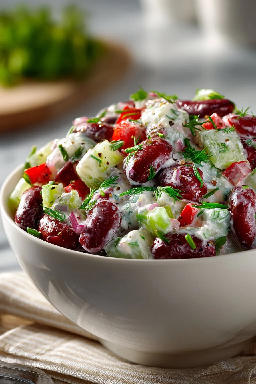 Delicious old fashioned kidney bean salad with mayonnaise served in a bowl