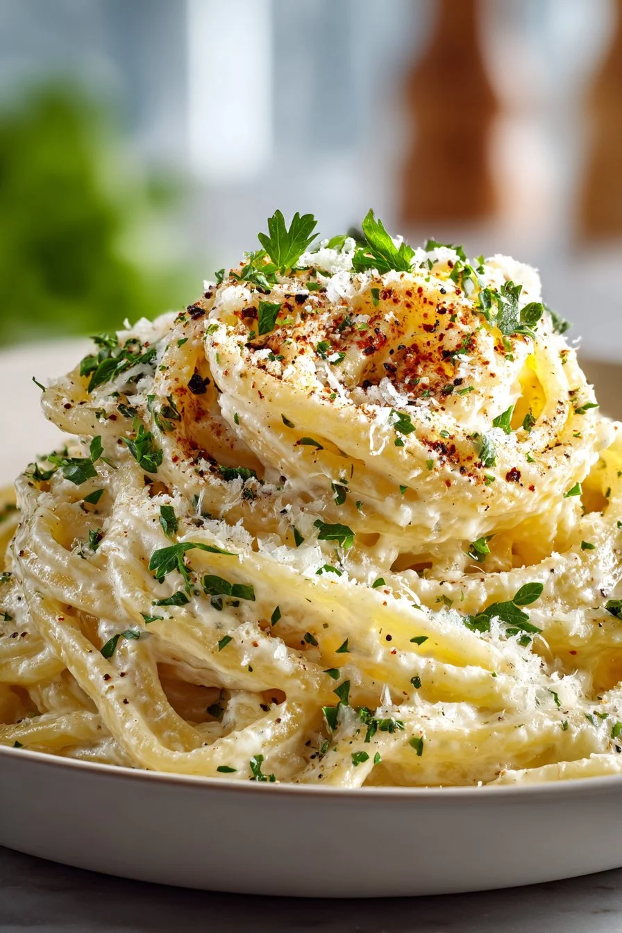 One Pot Creamy Garlic Pasta served in a bowl garnished with parsley