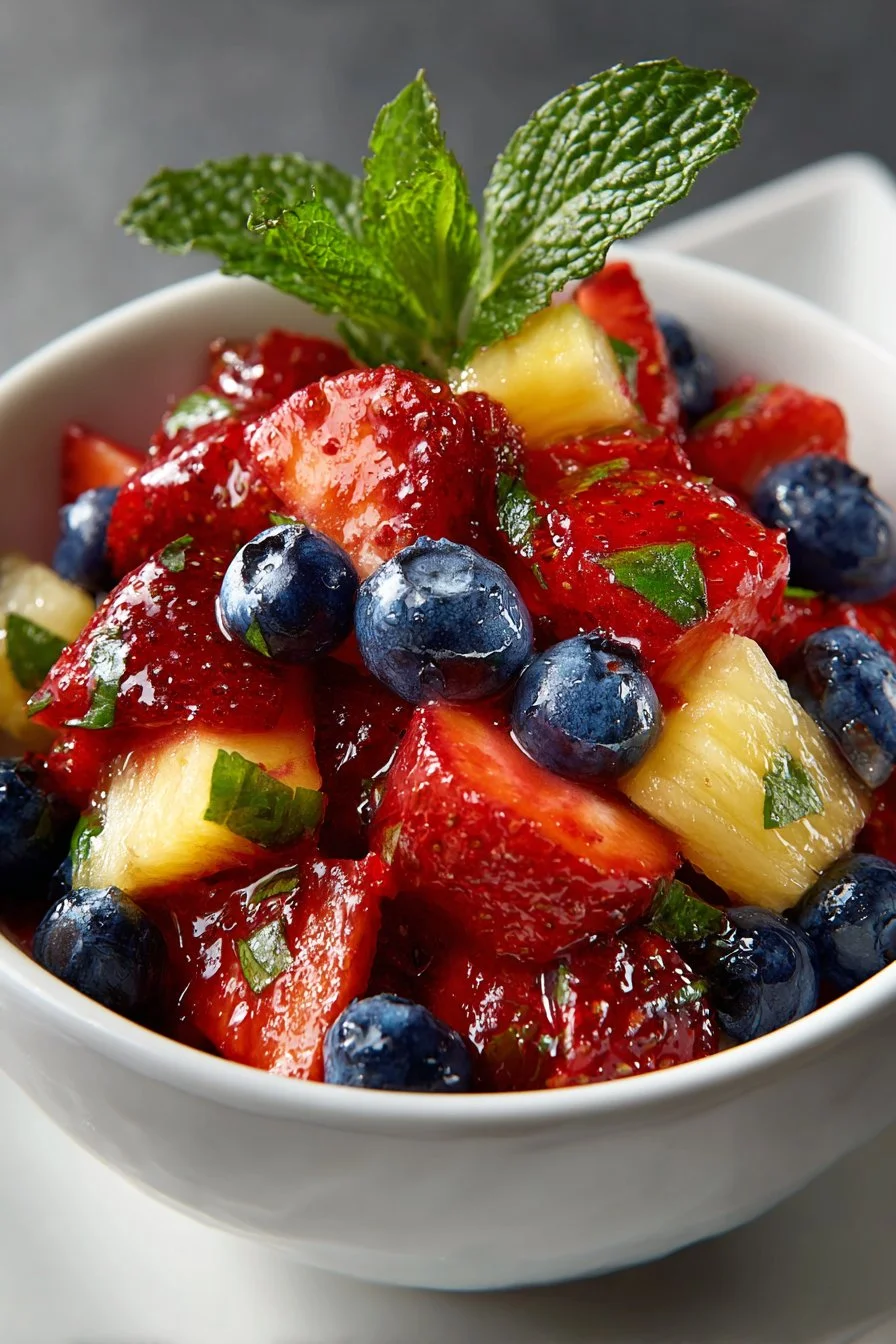 Patriotic red white and blue berry salsa served in a bowl