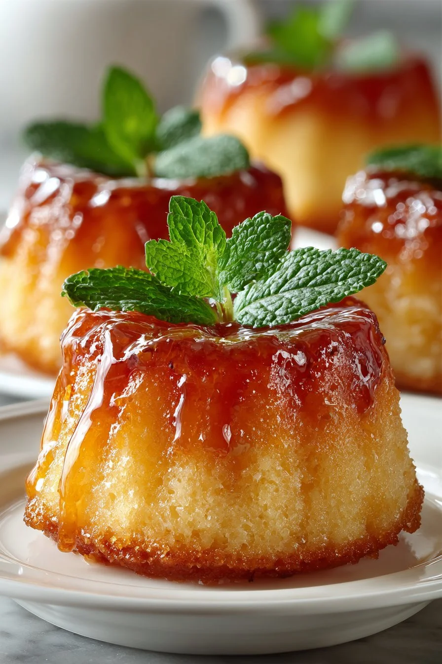 Delicious peach upside down mini cakes ready to serve