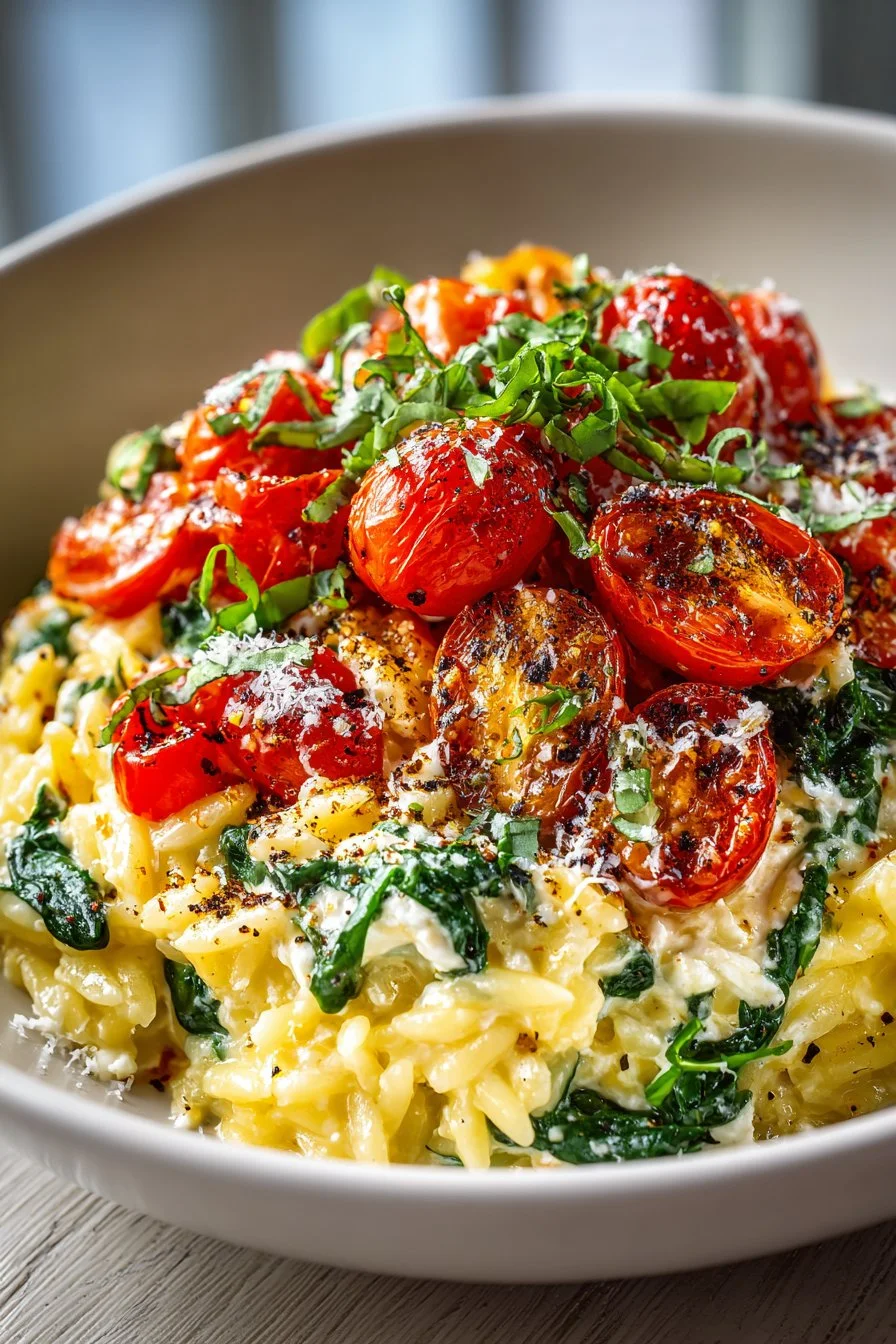 Plate of protein-packed cottage cheese orzo with vegetables.