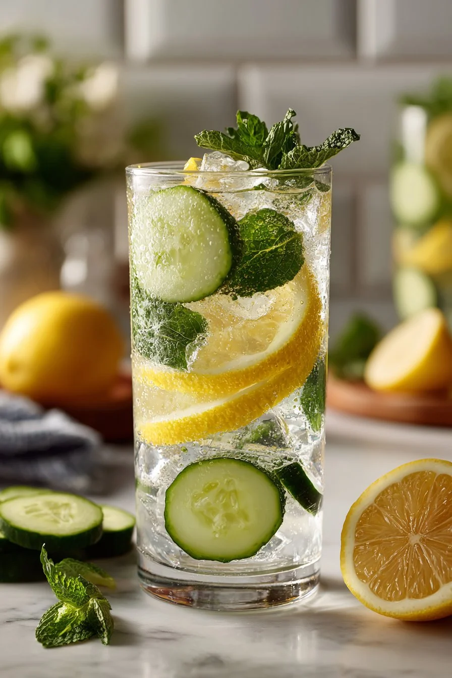 Glass of refreshing lemon cucumber water with slices of lemon and cucumber