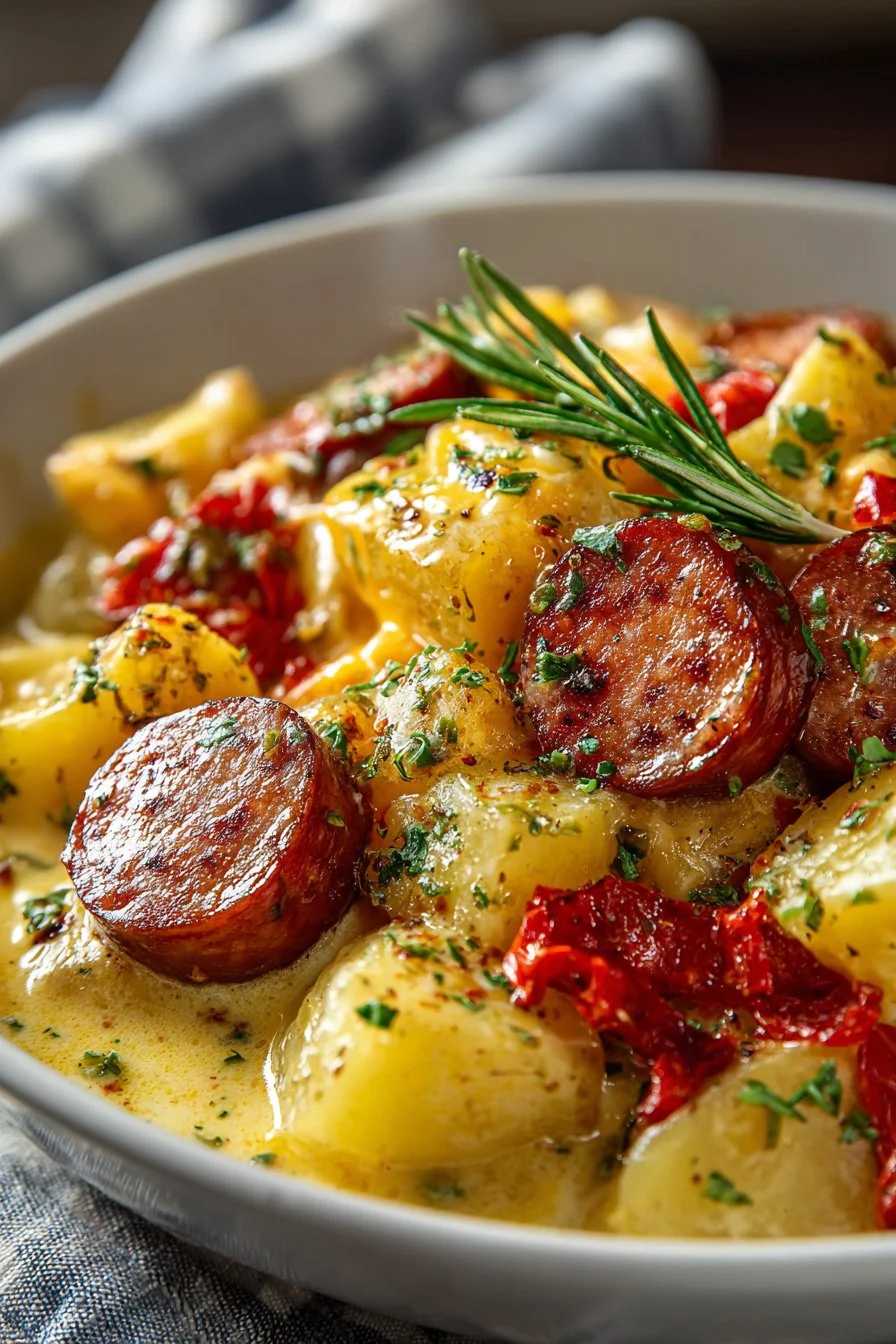 Slow Cooker Smoked Sausage with Cheesy Potatoes in a bowl