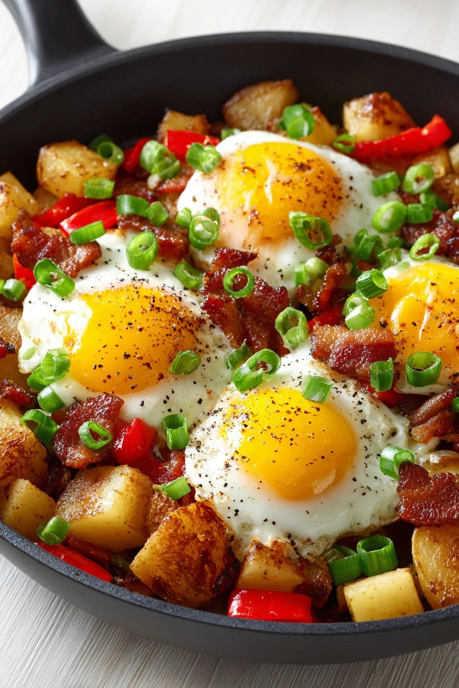 Southern Skillet Breakfast Hash with potatoes, peppers, and sausage in a skillet