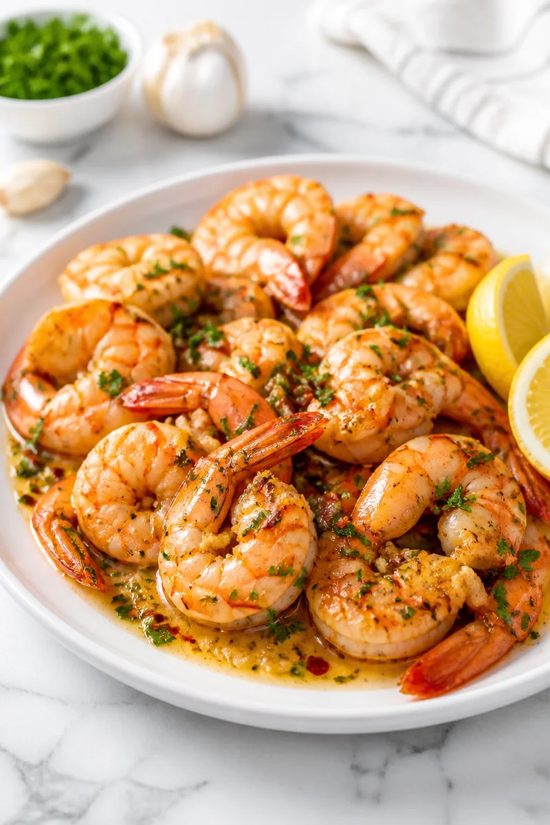 15 Minute Garlic Butter Shrimp Skillet dish with garlic, butter, and shrimp