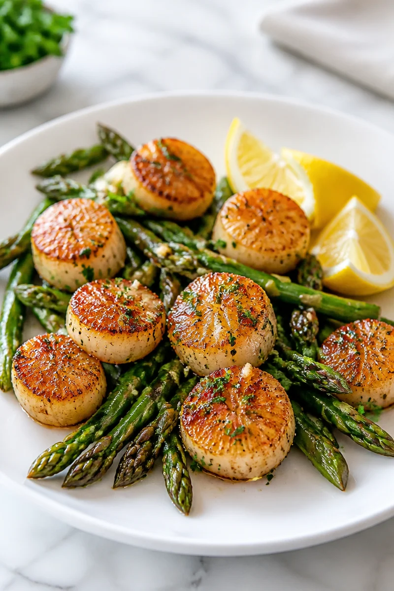 15-minute pan seared scallop dish served with sautéed asparagus