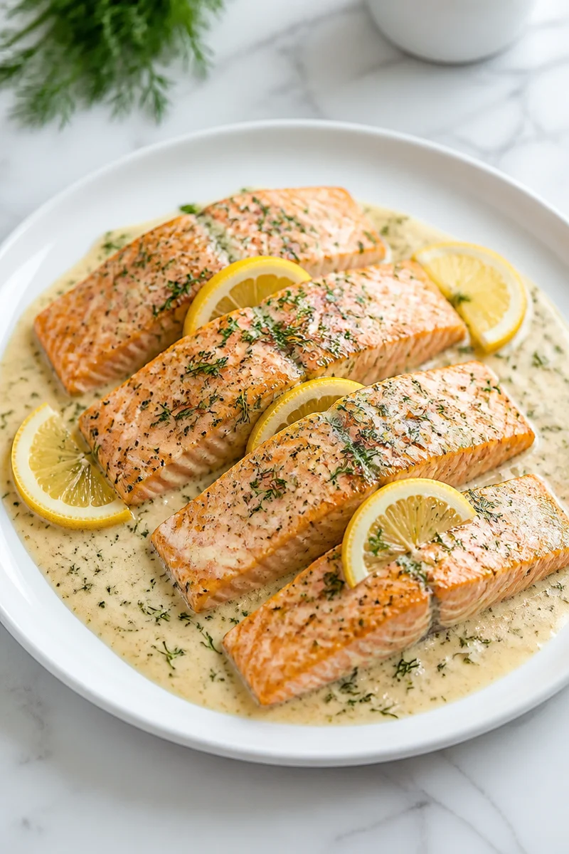 Creamy lemon dill salmon dish garnished with herbs on a plate