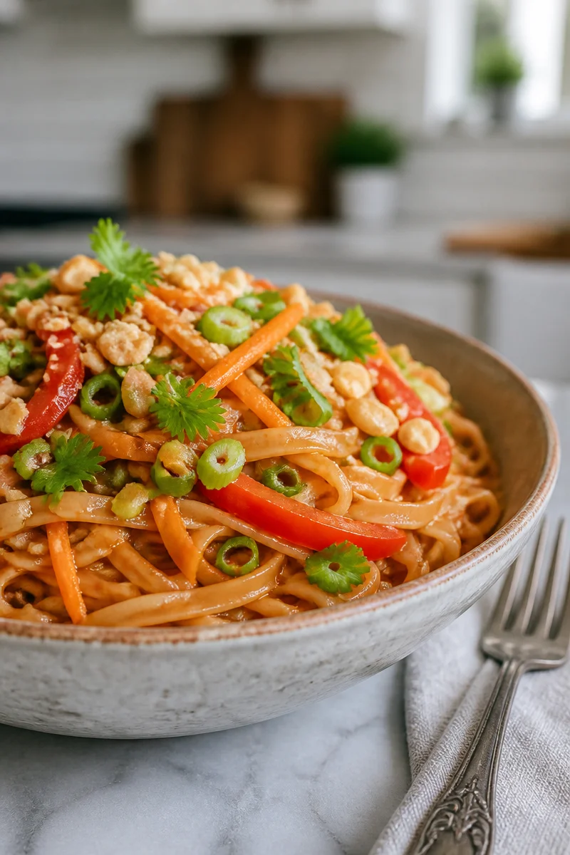 20-minute spicy peanut noodle bowl garnished with vegetables and herbs