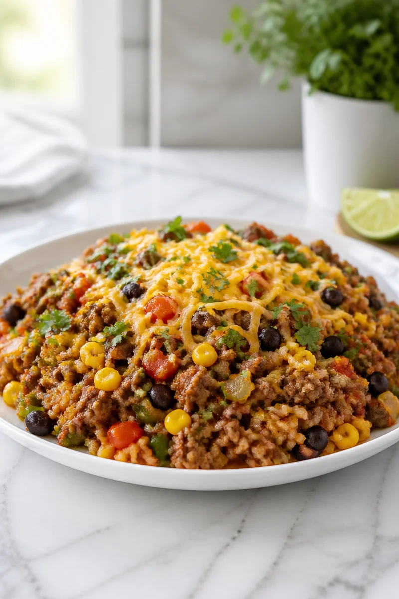 30 Minute Ground Beef Taco Skillet served in a pan with toppings