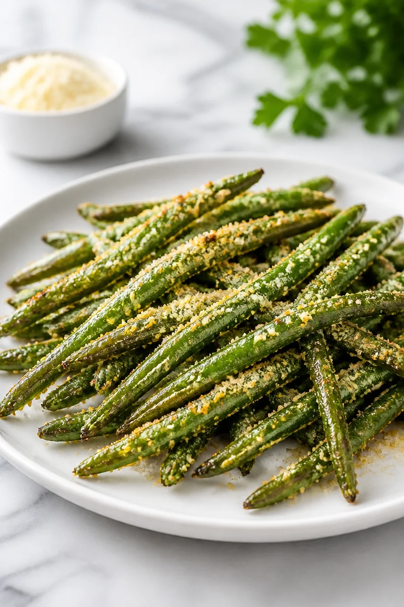 Air fryer crispy Parmesan green beans ready to be served as a healthy side dish