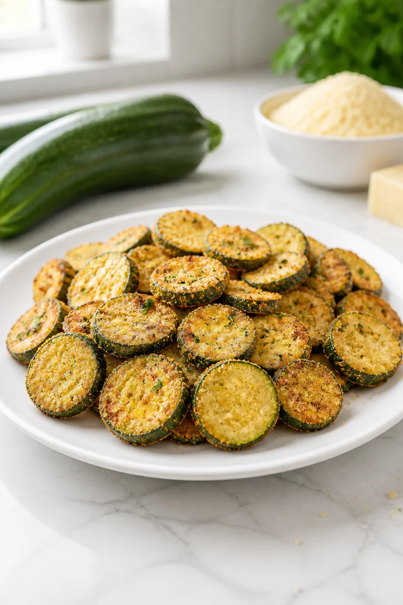 Air fryer parmesan zucchini chips served in a bowl as a healthy snack