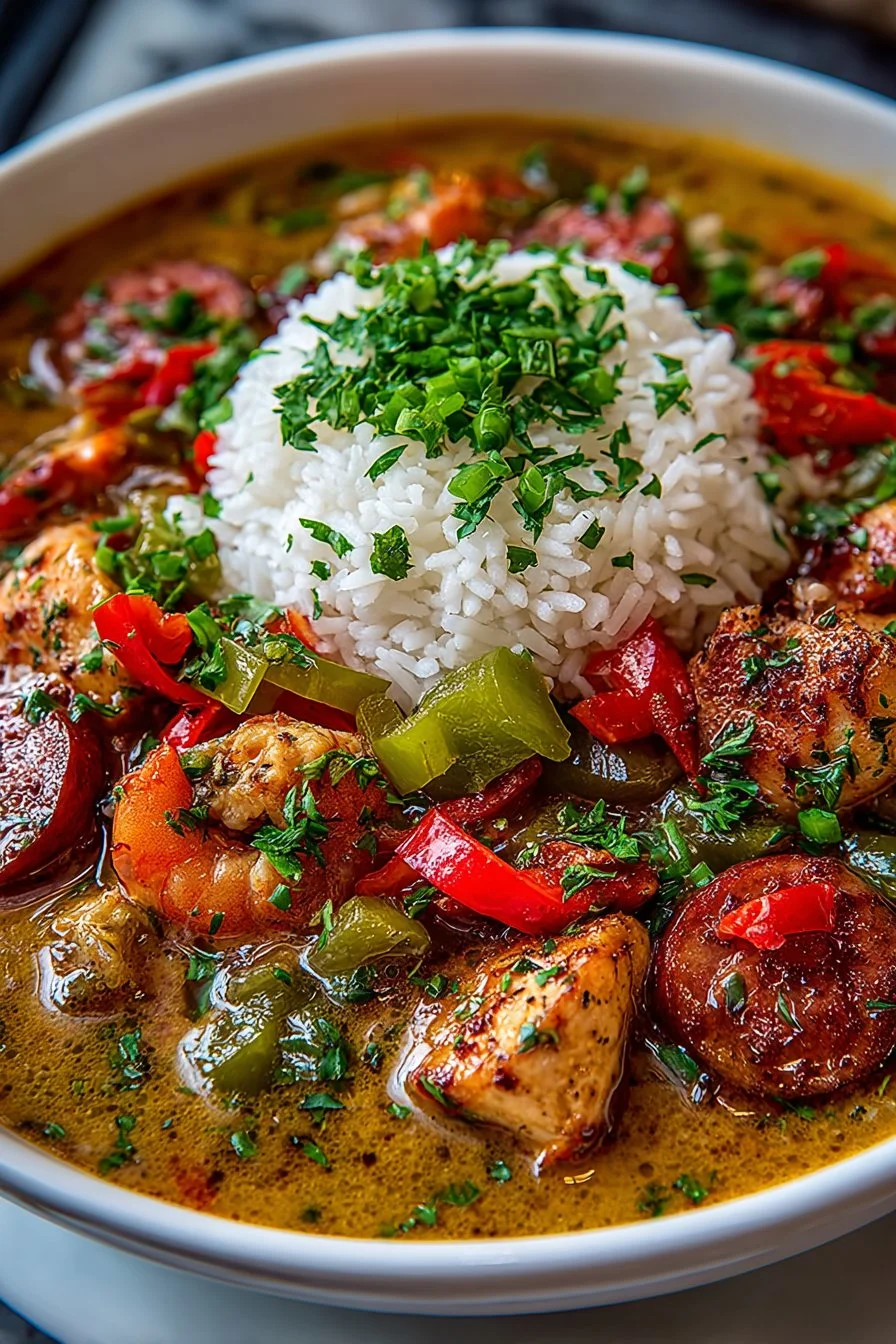 Bowl of authentic Louisiana style chicken and sausage gumbo with fresh ingredients