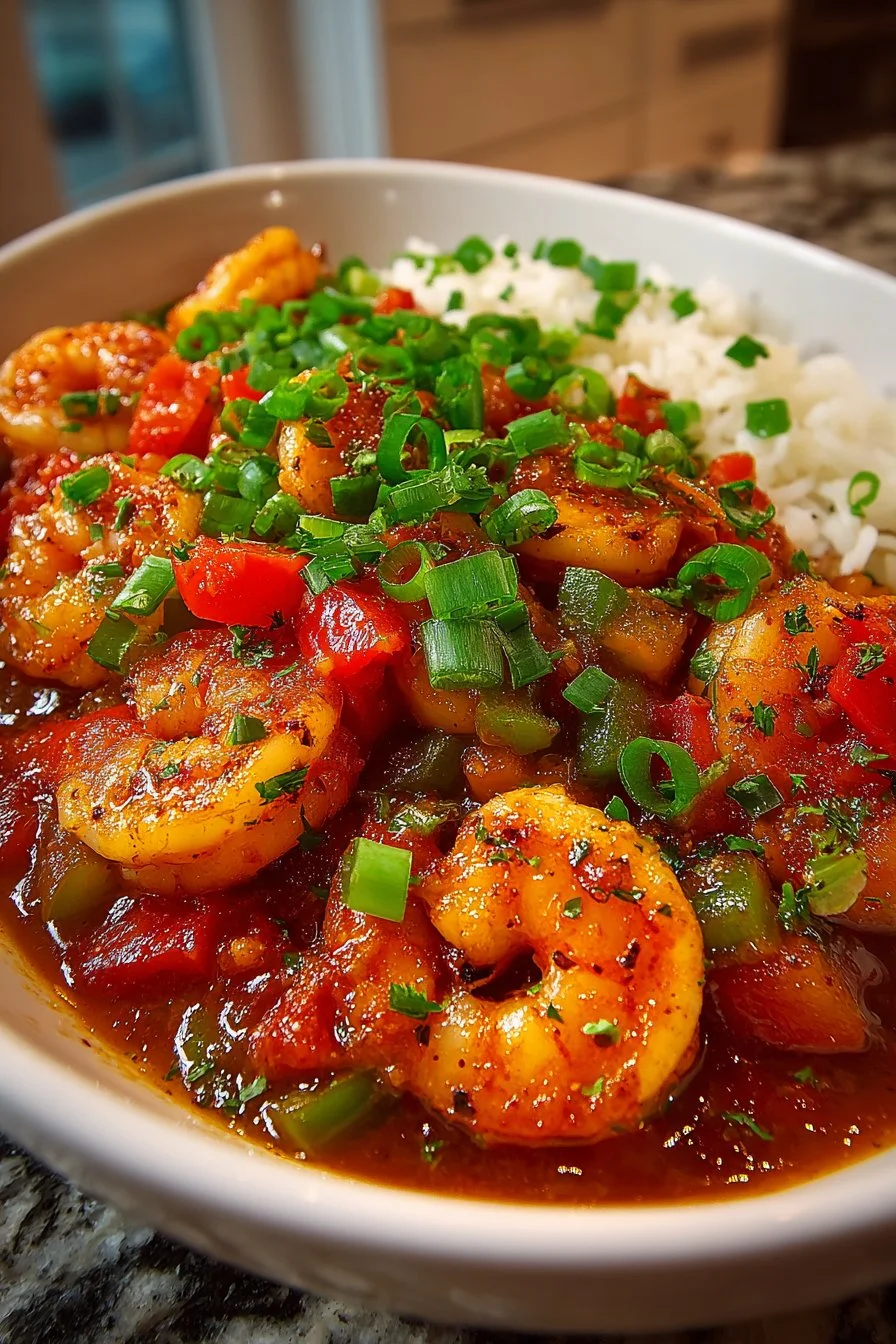 Bowl of Authentic Southern Spicy Shrimp Creole with rice and fresh herbs