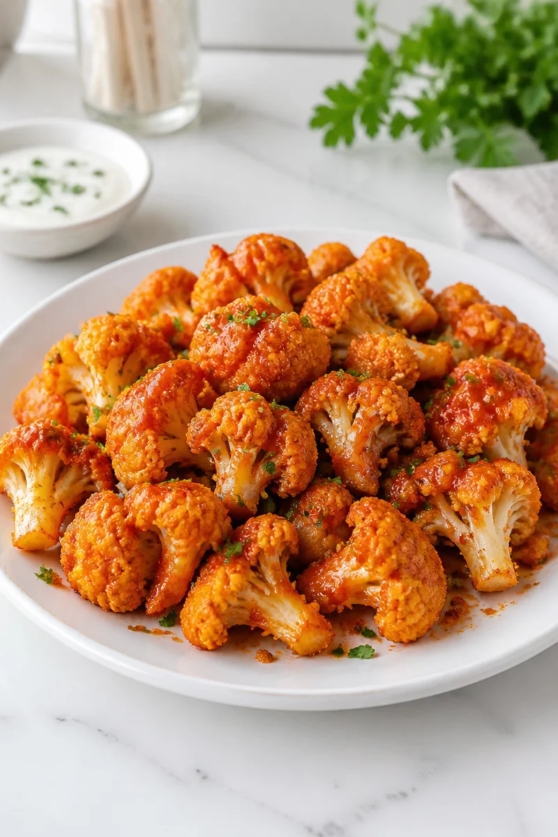 Baked Buffalo Cauliflower Bites on a plate, garnished with celery and dip