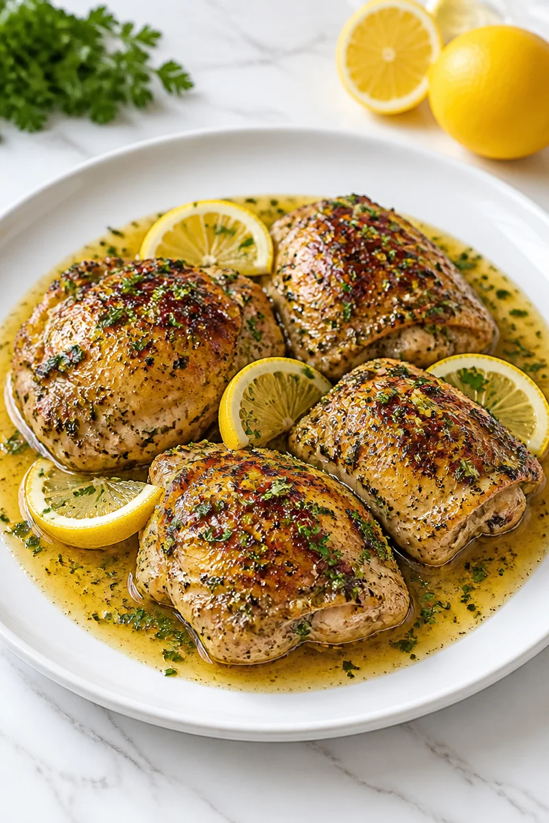 Baked Greek Lemon Chicken served with vegetables on a plate